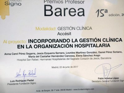 L'Hospital Sant Rafael, finalista del Premio Profesor Barea 2017 en Gestió Clínica
